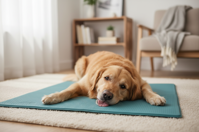 Happy dog on cooling mat